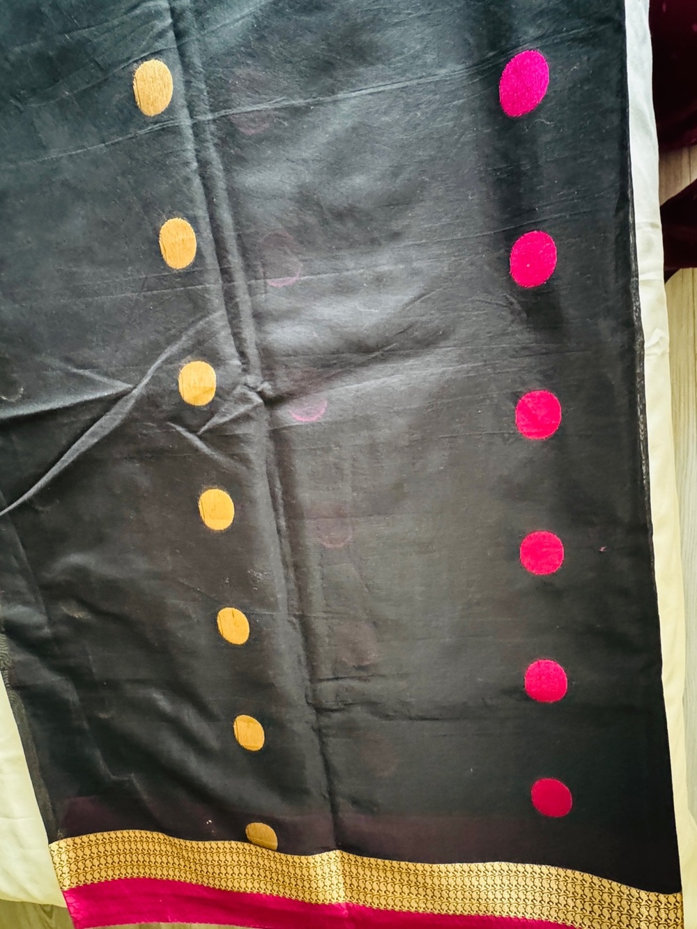 Black Women's Sari with Gold and Pink Dot Accent